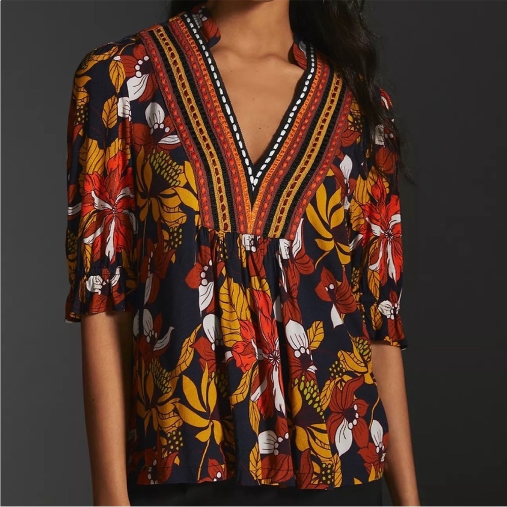 Anthropologie BL^NK  Stephanie top Blouse New Navy Floral ANTHRO NWT size XXS